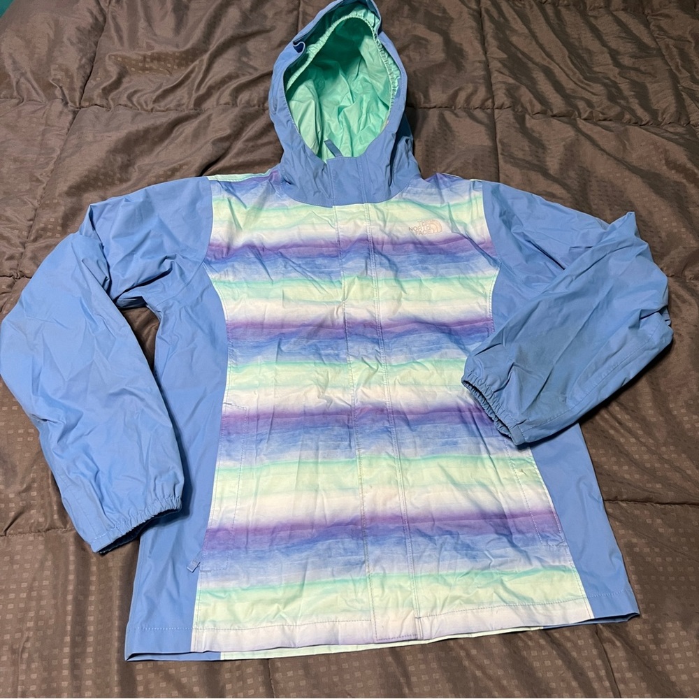 Northface kids jacket wind breaker material blue purple aqua size large 14 16